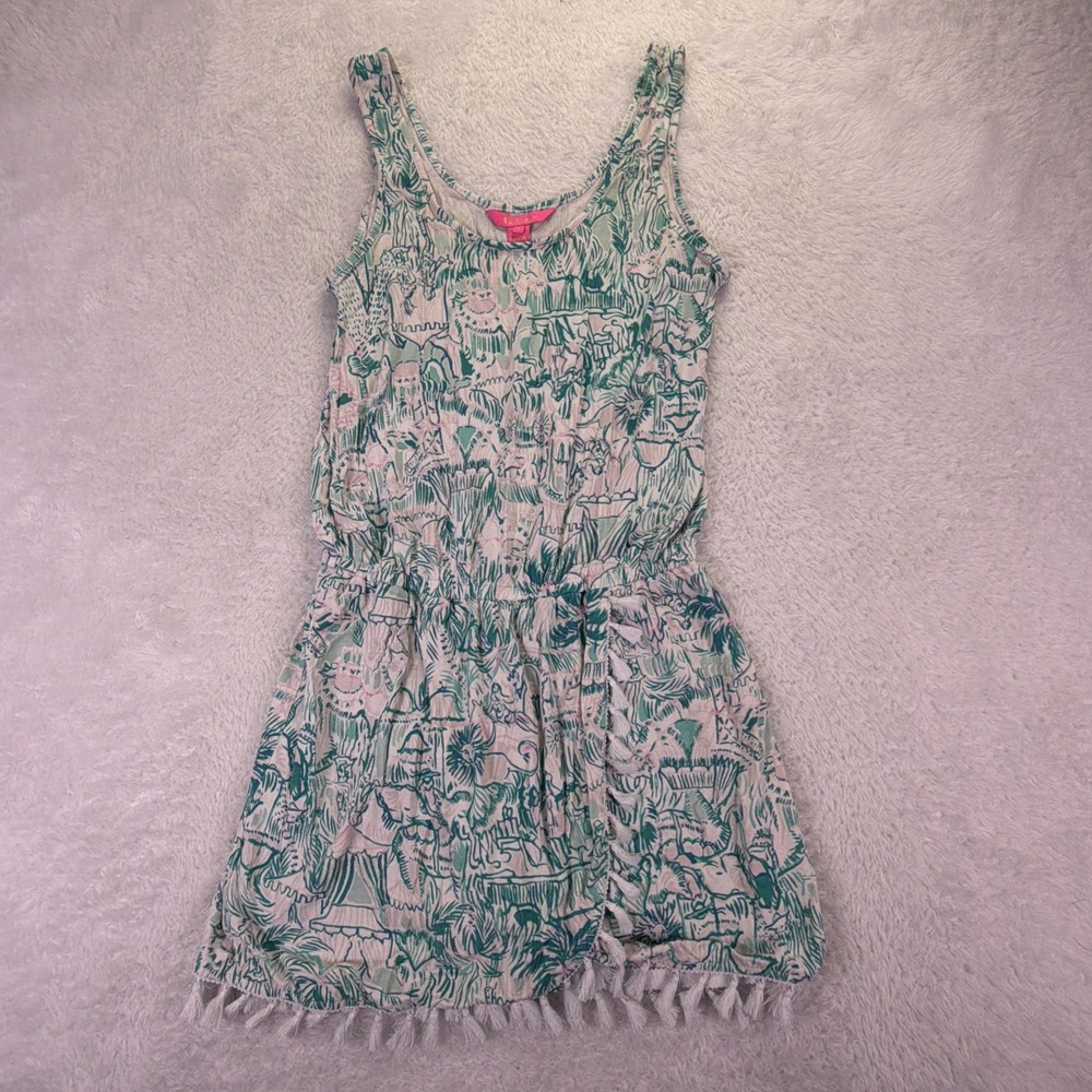 Lilly Pulitzer Womens S Tropical Jumper Skort Romper Tassel Hem Green/White
